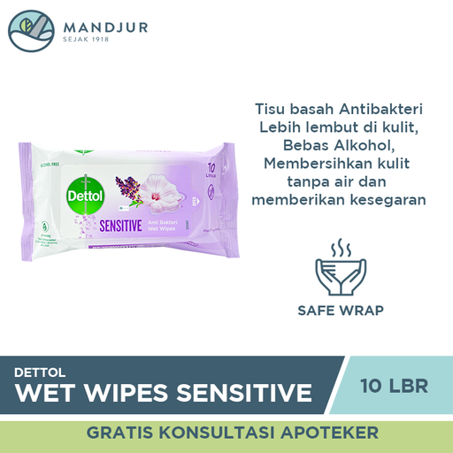 Dettol Anti Bakteri Wet Wipes Sensitive Isi 10 Lembar - Apotek Mandjur