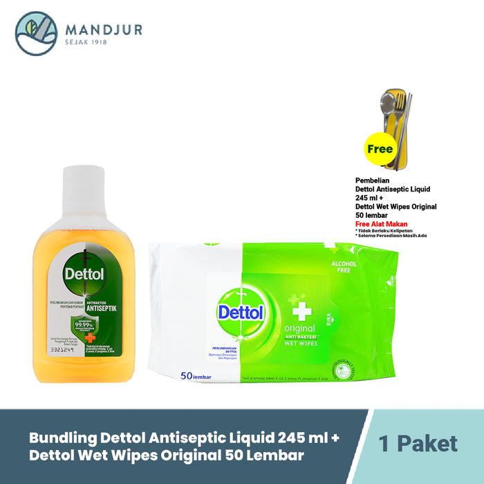 Bundling Dettol Antiseptic Liquid 245ml + Wet Wipes Original 50s