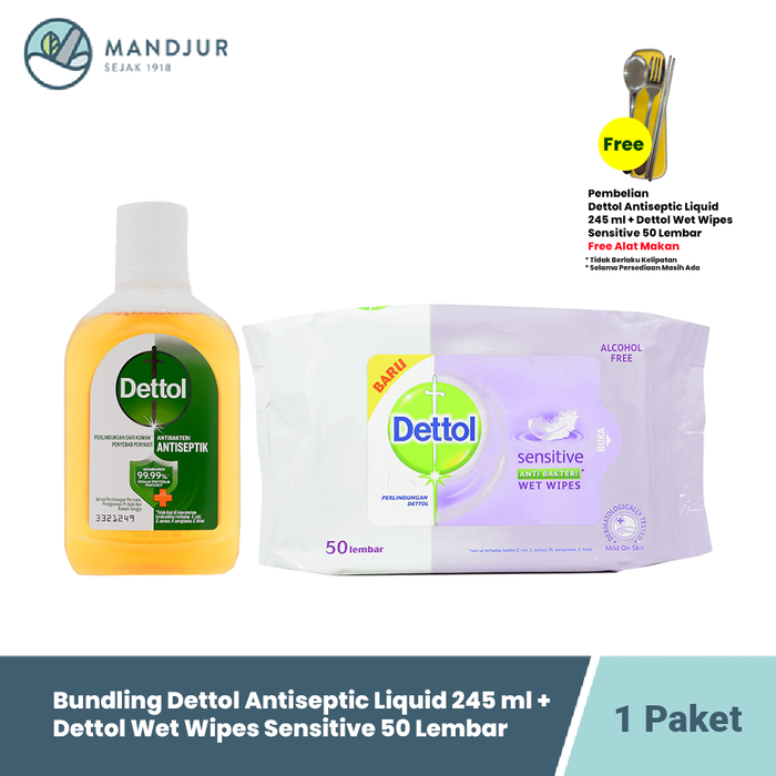 Bundling Dettol Antiseptic Liquid 245ml + Wet Wipes Sensitive 50s