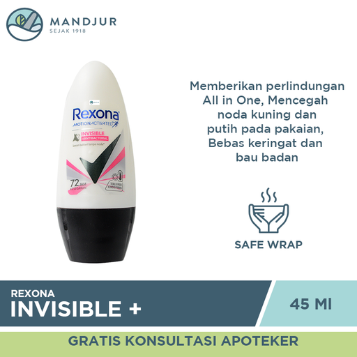 Rexona Anti-Perspirant Deodorant Roll On Invisible + Antibacterial 45 ML - Apotek Mandjur