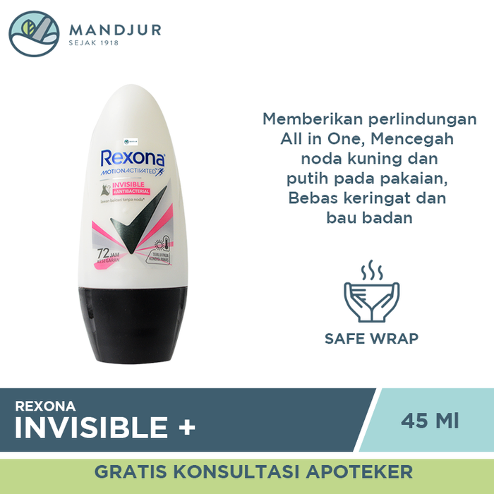 Rexona Anti-Perspirant Deodorant Roll On Invisible + Antibacterial 45 ML