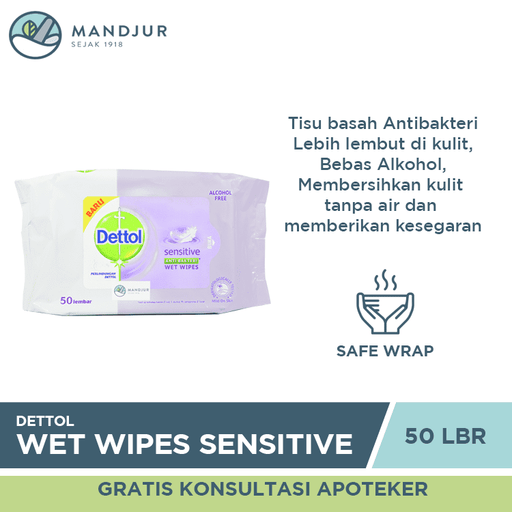 Dettol Anti Bakteri Wet Wipes Sensitive Isi 50 Lembar - Apotek Mandjur